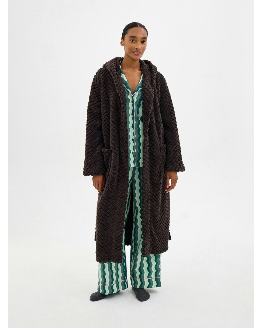 Hush Brown Penelope Hooded Textured Dressing Gown