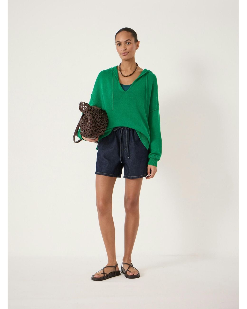 Hush Green Cara Linen Blend V Neck Hoodie