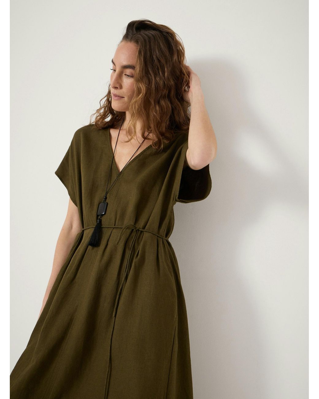 Hush Green Linen Blend Remy Pleated Midi Dress