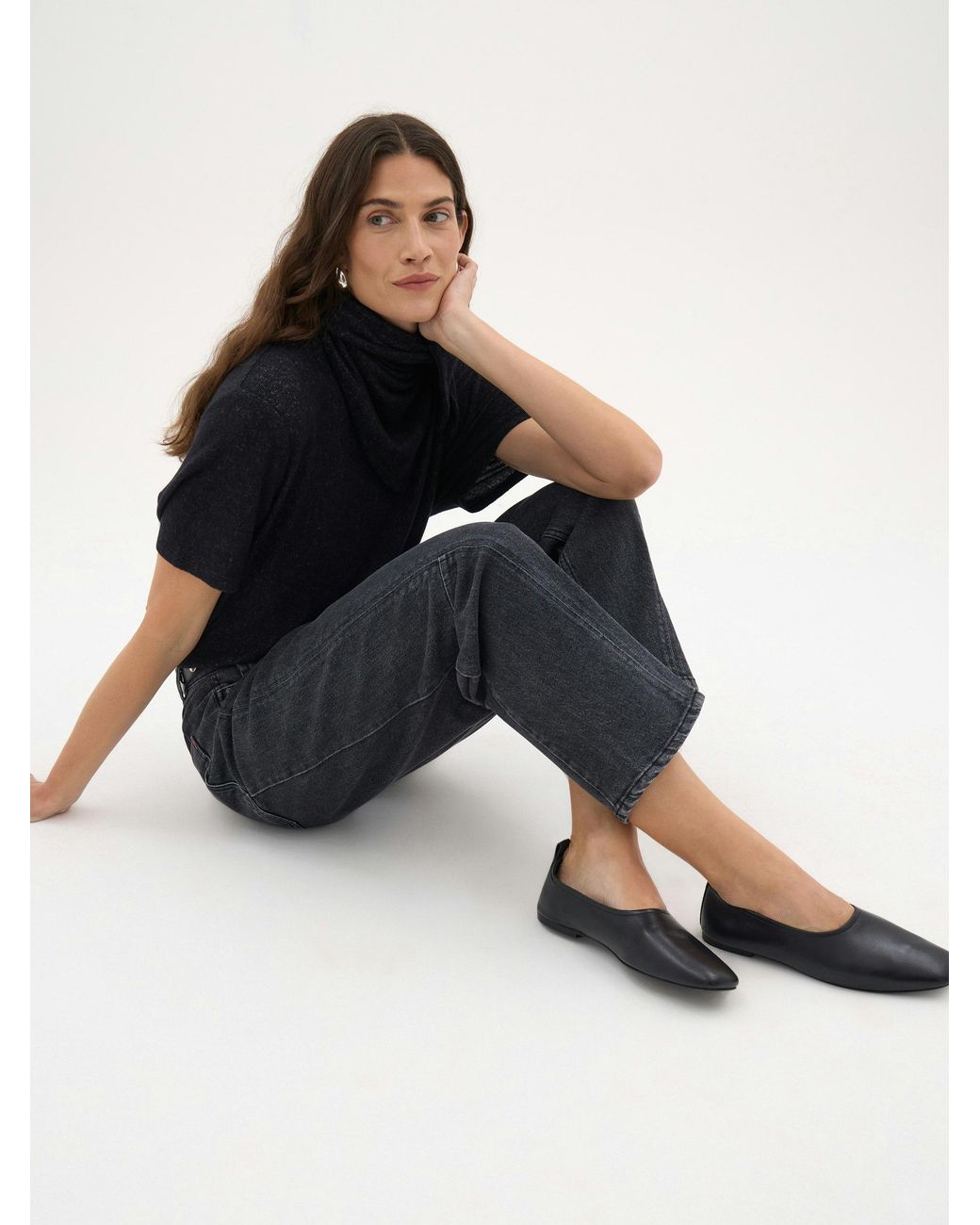 Hush Black Calyx Square Toe Leather Ballerina Flats