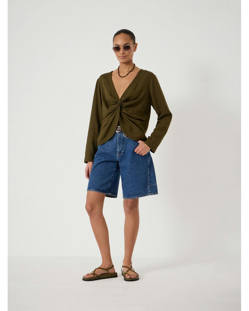 Hush Green Linen Blend Bronte Twist Front Top
