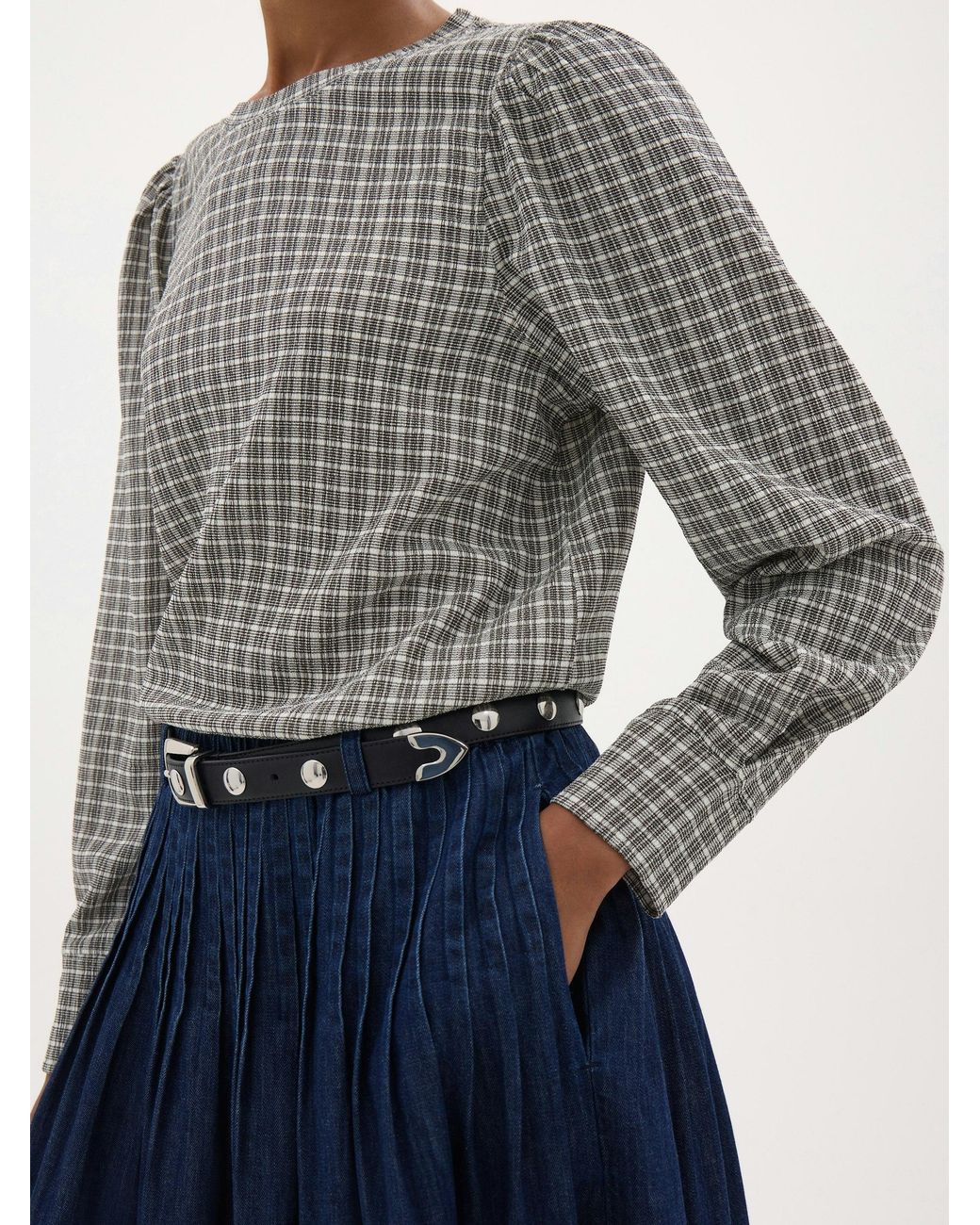 Hush Gray Emily Check Puff Sleeve Top
