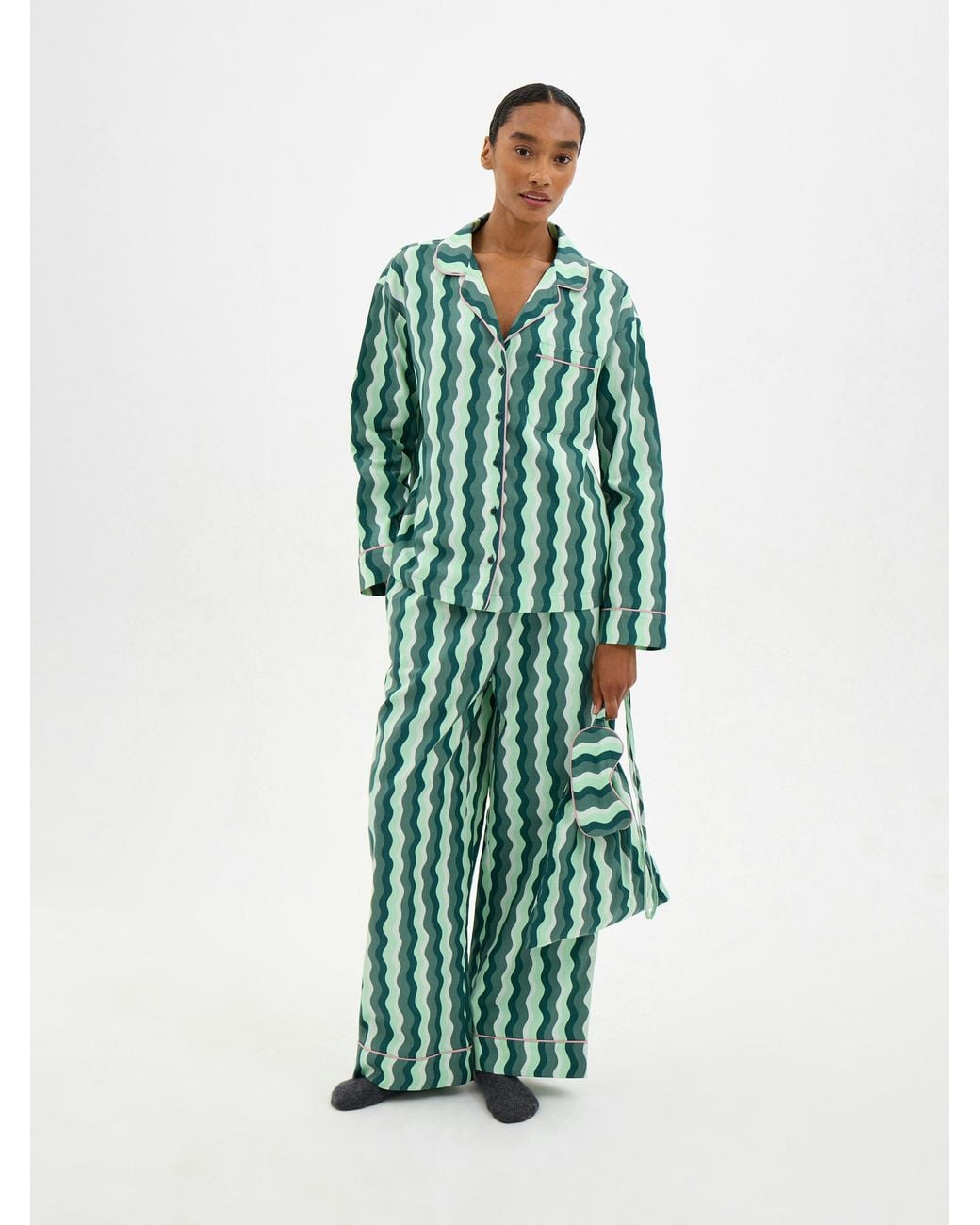 Hush Green Lois Brushed Cotton Revere Collar Pyjamas + Eye Mask