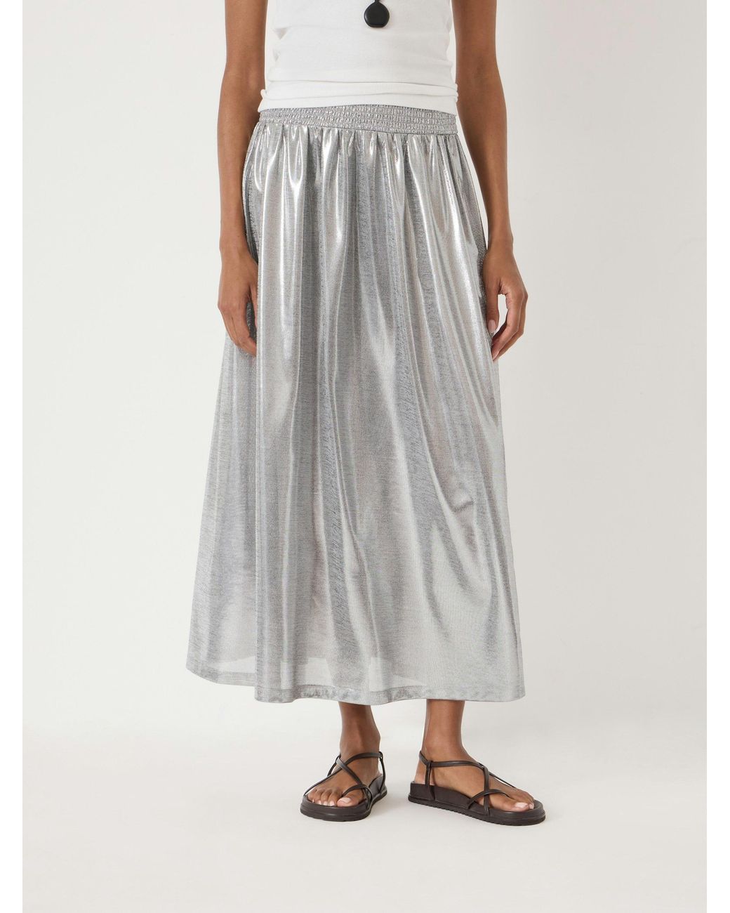Hush White Metallic Shirred Waistband Jersey Midi Skirt