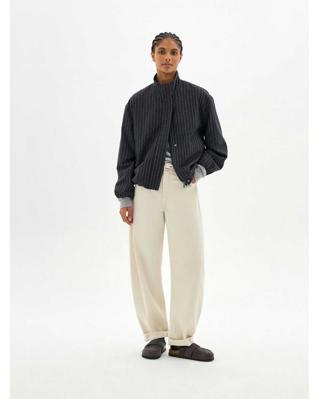 Hush Blue Maple Pinstripe Wool Blend Bubble Jacket