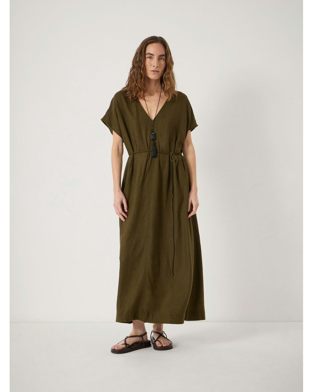 Hush Green Linen Blend Remy Pleated Midi Dress