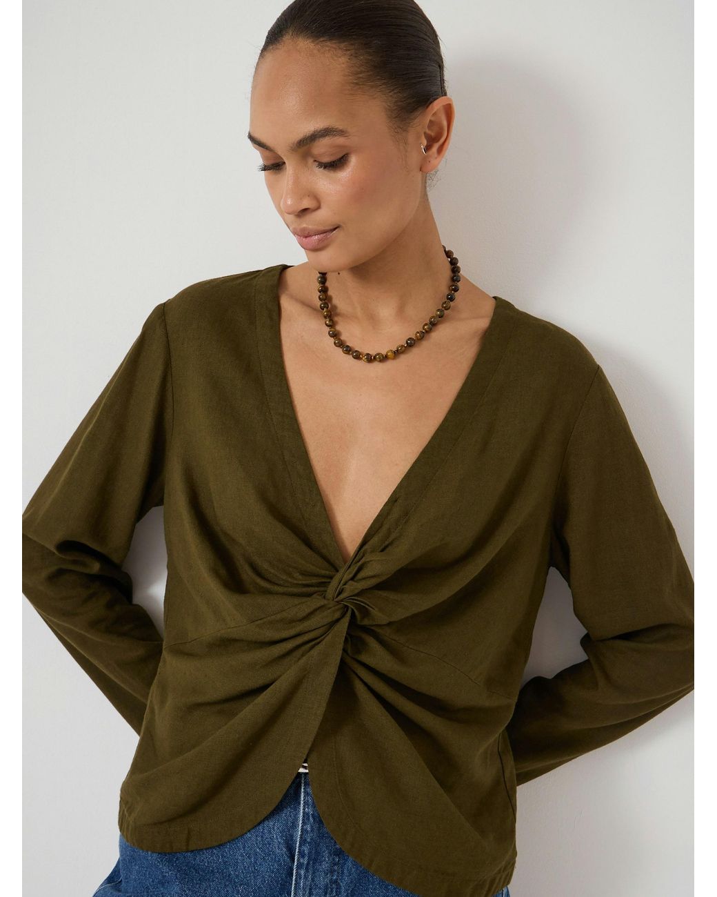 Hush Green Linen Blend Bronte Twist Front Top