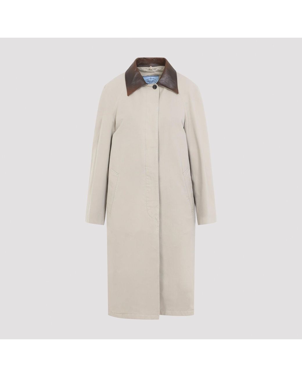 Prada Natural Single-Breasted Long Coat With Leather Collar
