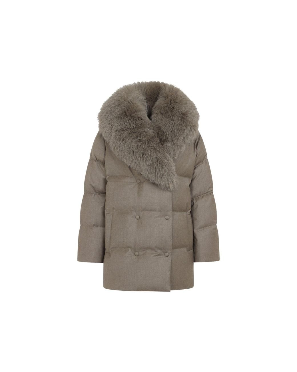 Yves Salomon Gray Wool Silk Blend Down Jacket With Fox Fur Trim