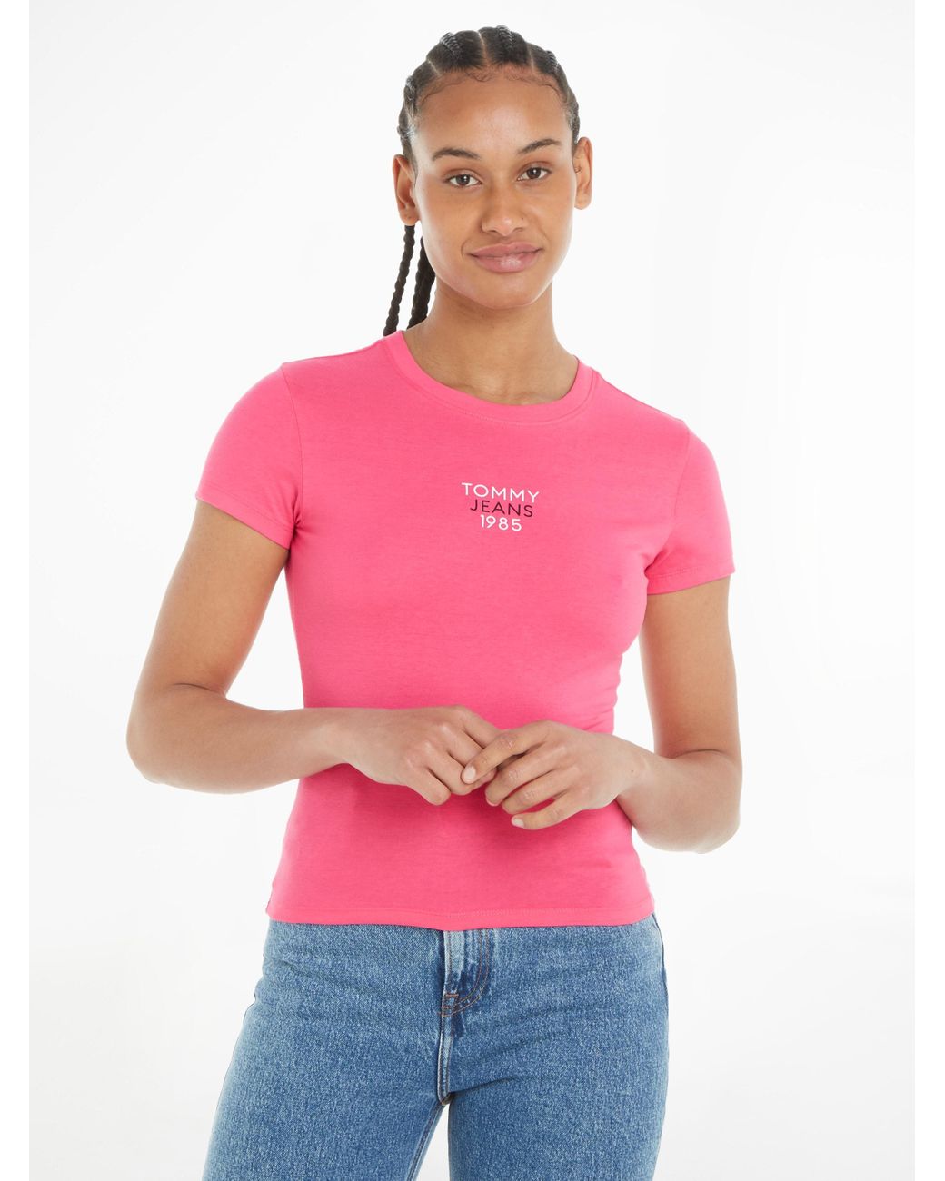Tommy Hilfiger T-Shirt Slim Essential Logoschriftzug mit Pink DE Lyst in Logo 