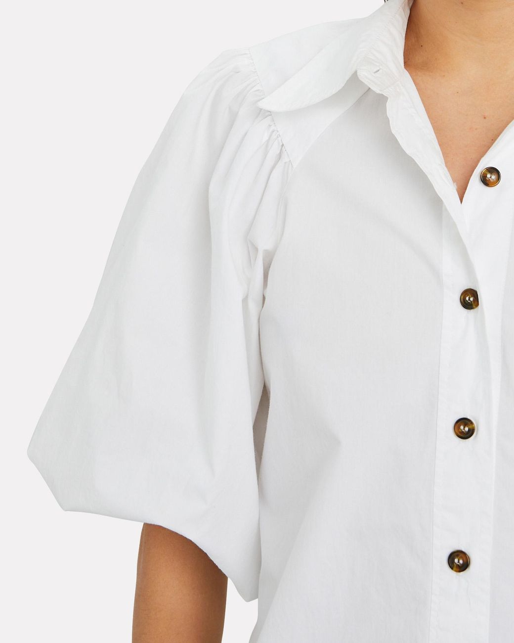 Ganni Puff-sleeve Cotton Poplin Top, Plain Pattern in Bright White 