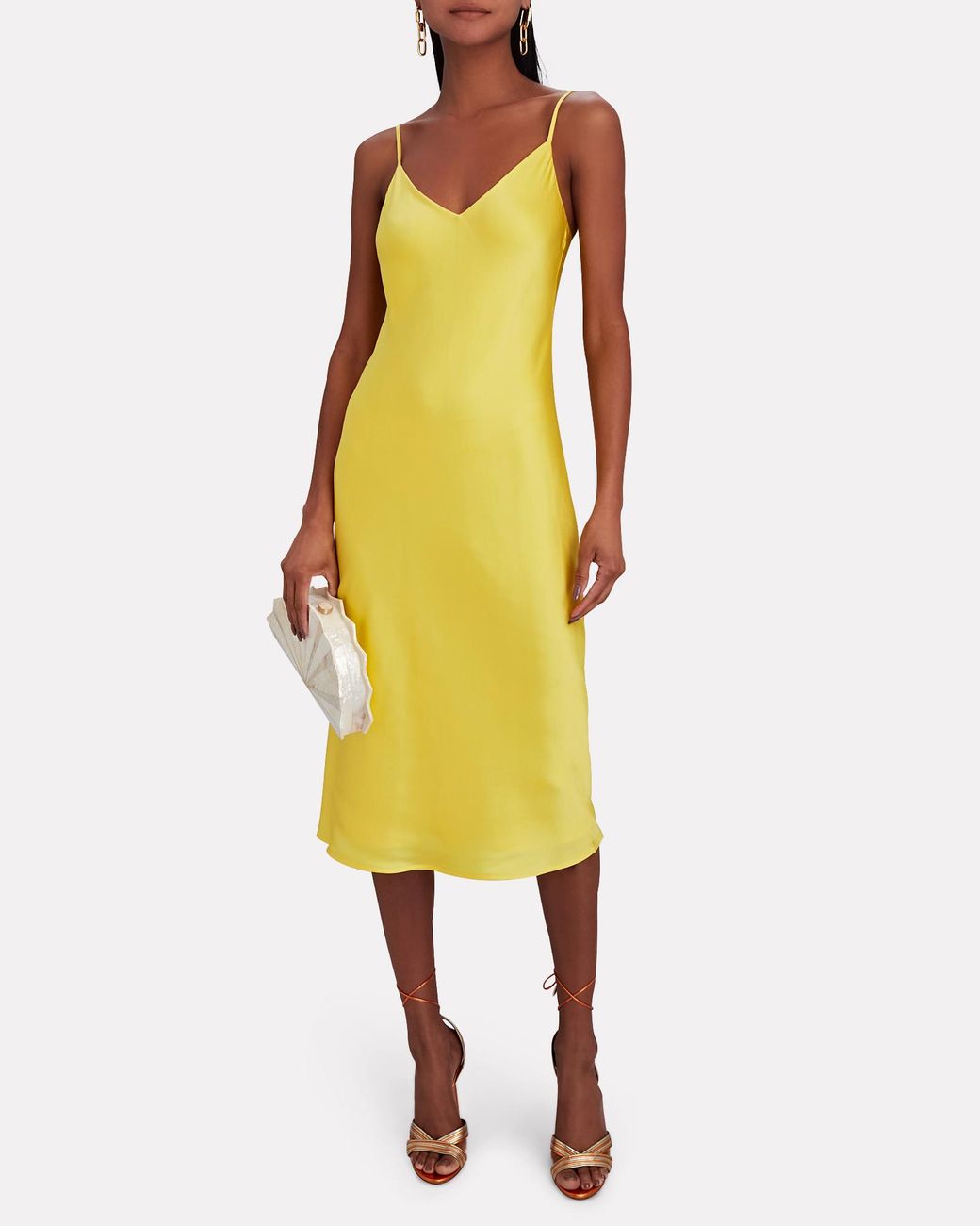 L'Agence Jodie Silk Satin Midi Slip Dress in Yellow Lyst