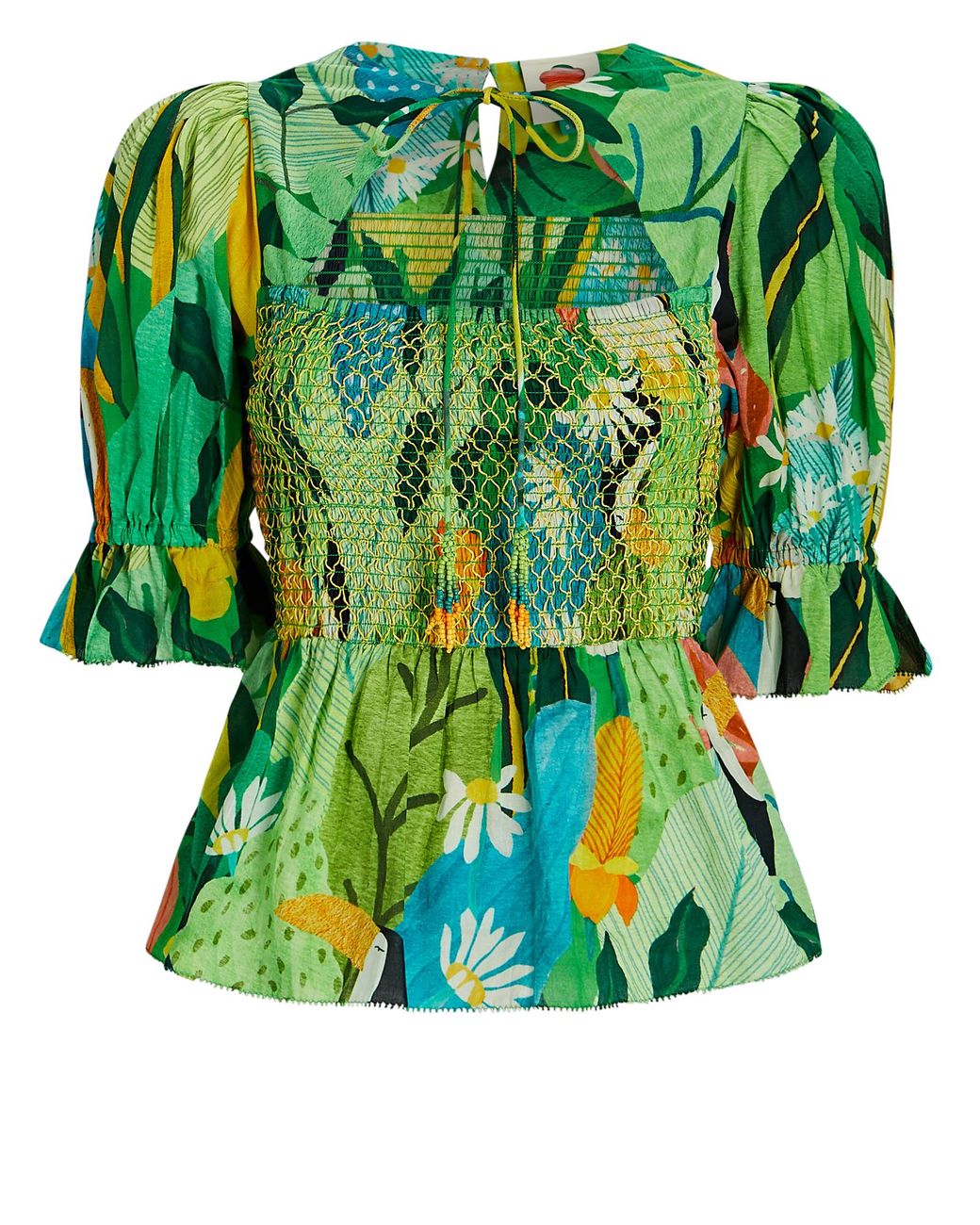 FARM Rio Vintage Toucans Smocked Peplum Top in Green | Lyst Canada