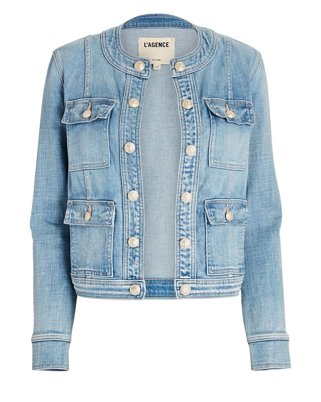 l-agence-yari-collarless-denim-jacket-in-blue-lyst