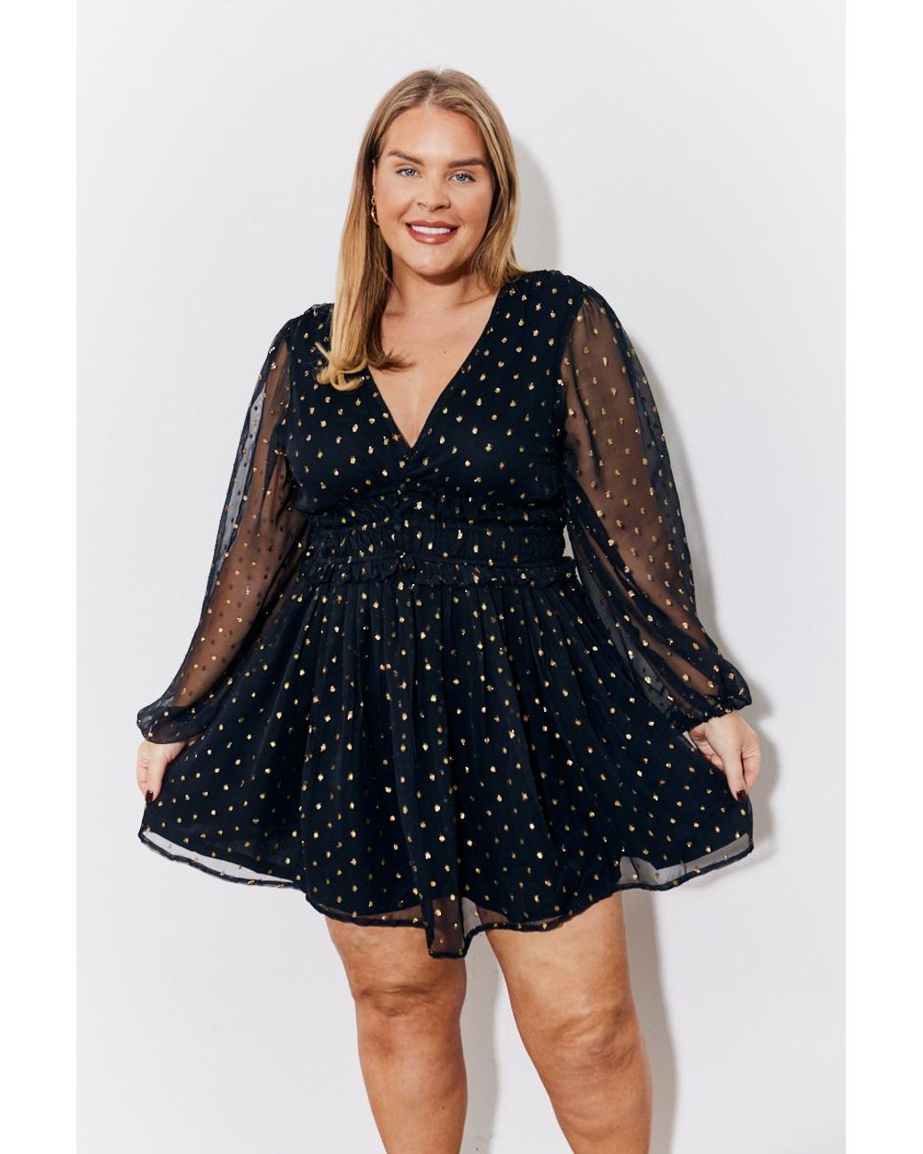 In The Style Metallic Polkadot Balloon Sleeve Skater Mini Dress in Black Lyst UK
