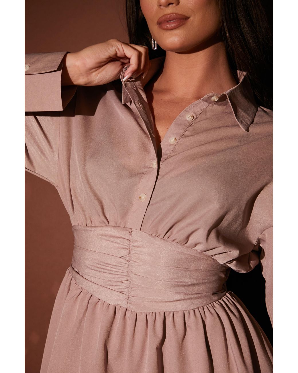 Hannah Brown Chiffon Ruched Detail Shirt Dress in Brown Lyst UK