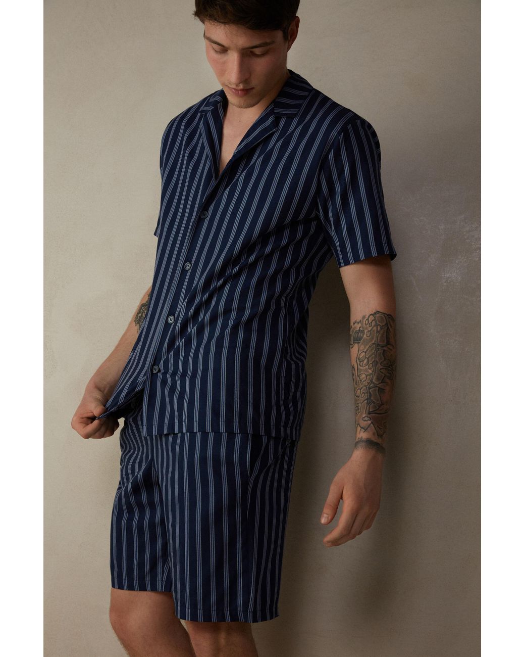 Intimissimi Supima Cotton Button-front Cropped Pajamas in Blue for Men Mens Clothing Nightwear and sleepwear 