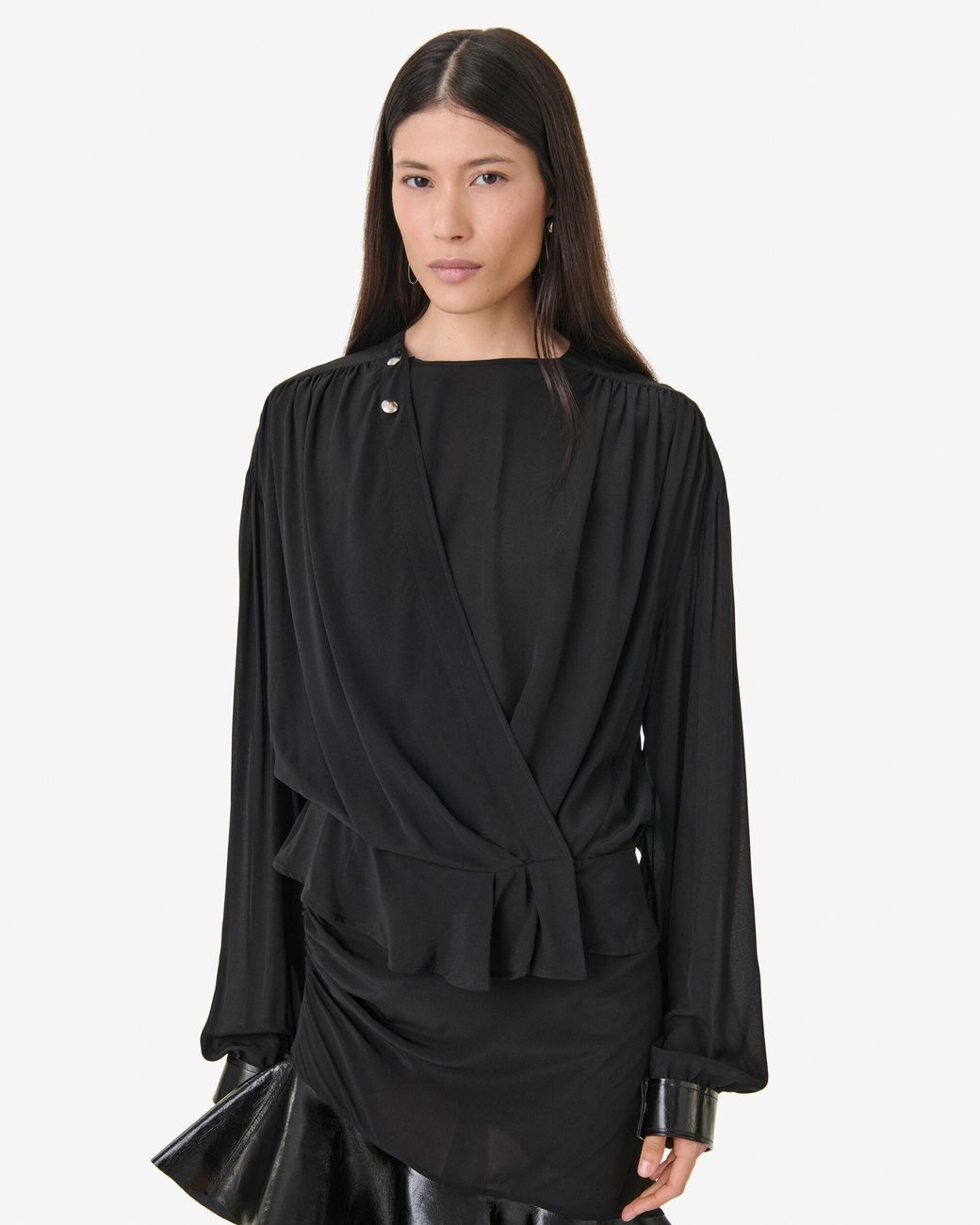 TOP DRAPÉ MANCHES LONGUES IRO en coloris Black