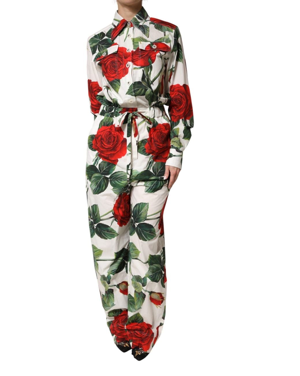 Dolce & Gabbana Red Floral Print Cotton Jumpsuit Dress
