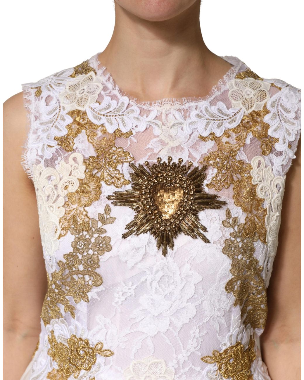 Dolce & Gabbana White Ivory Lace Silk Embellished Sleeveless Dress Cotton