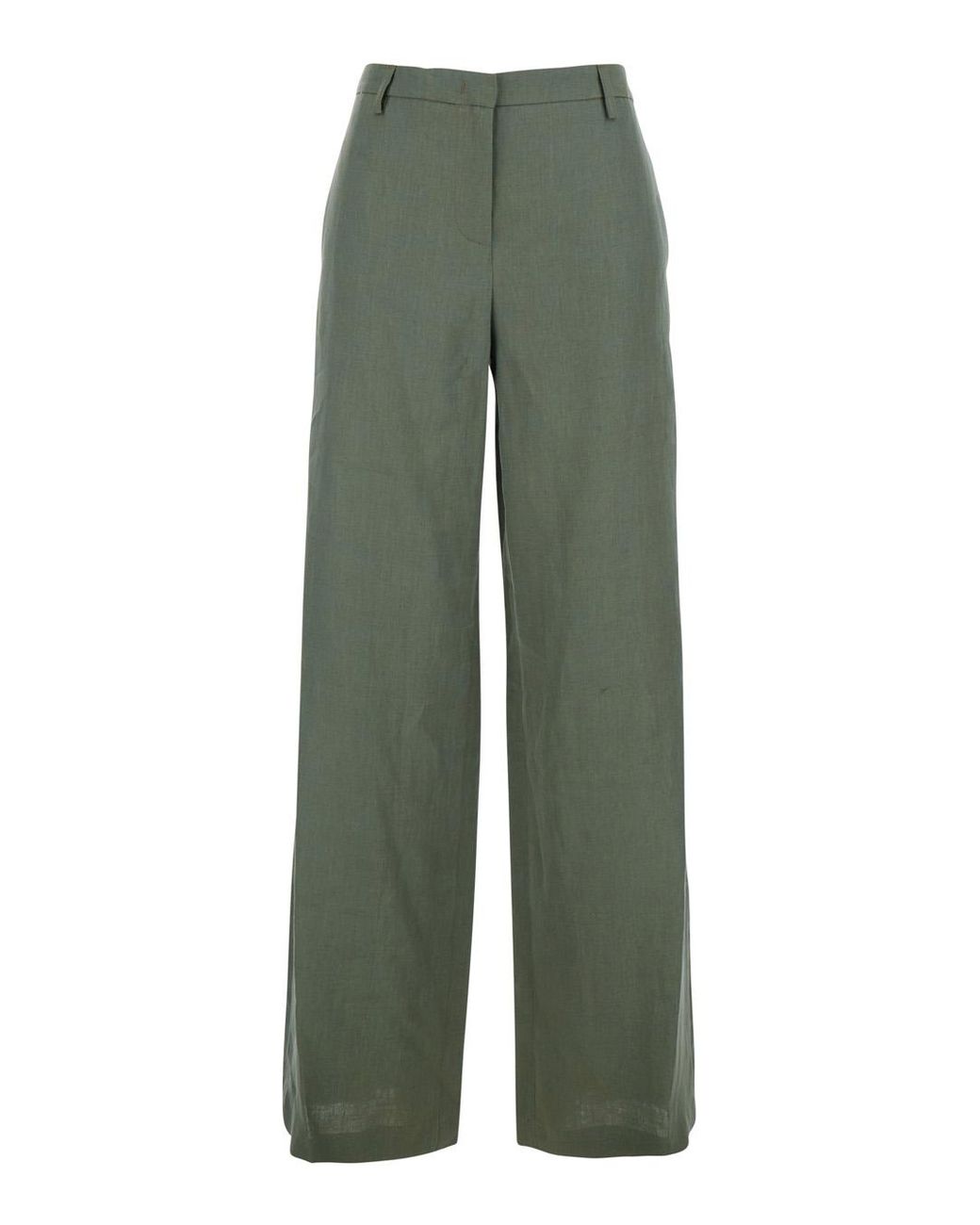 Le Plain Green Wide Leg Linen Pants With Belt Loops Trousers