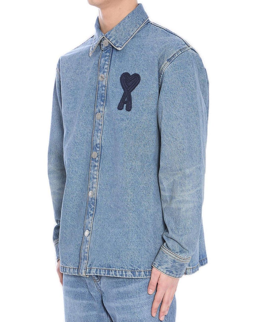 Ami Paris Brand-Appliqué Relaxed-Fit Denim Shirt in Blue for