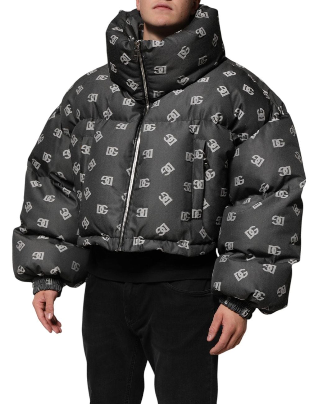Dolce & Gabbana Black Logo Print Puffer Jacket for men