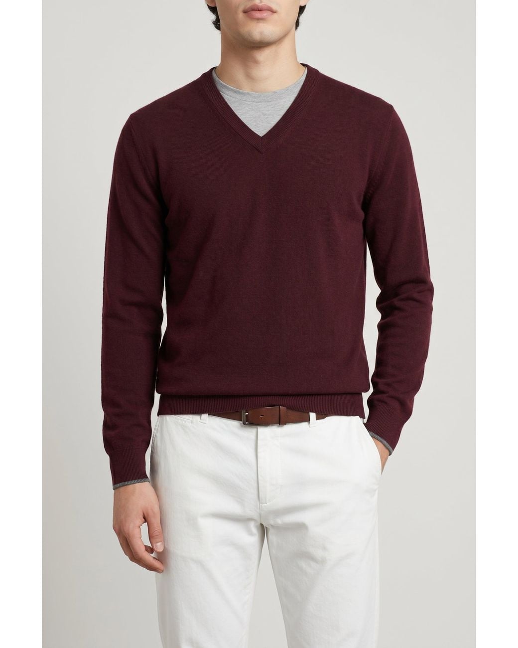 Brunello Cucinelli Red Dark Wool V Neck Sweater for men