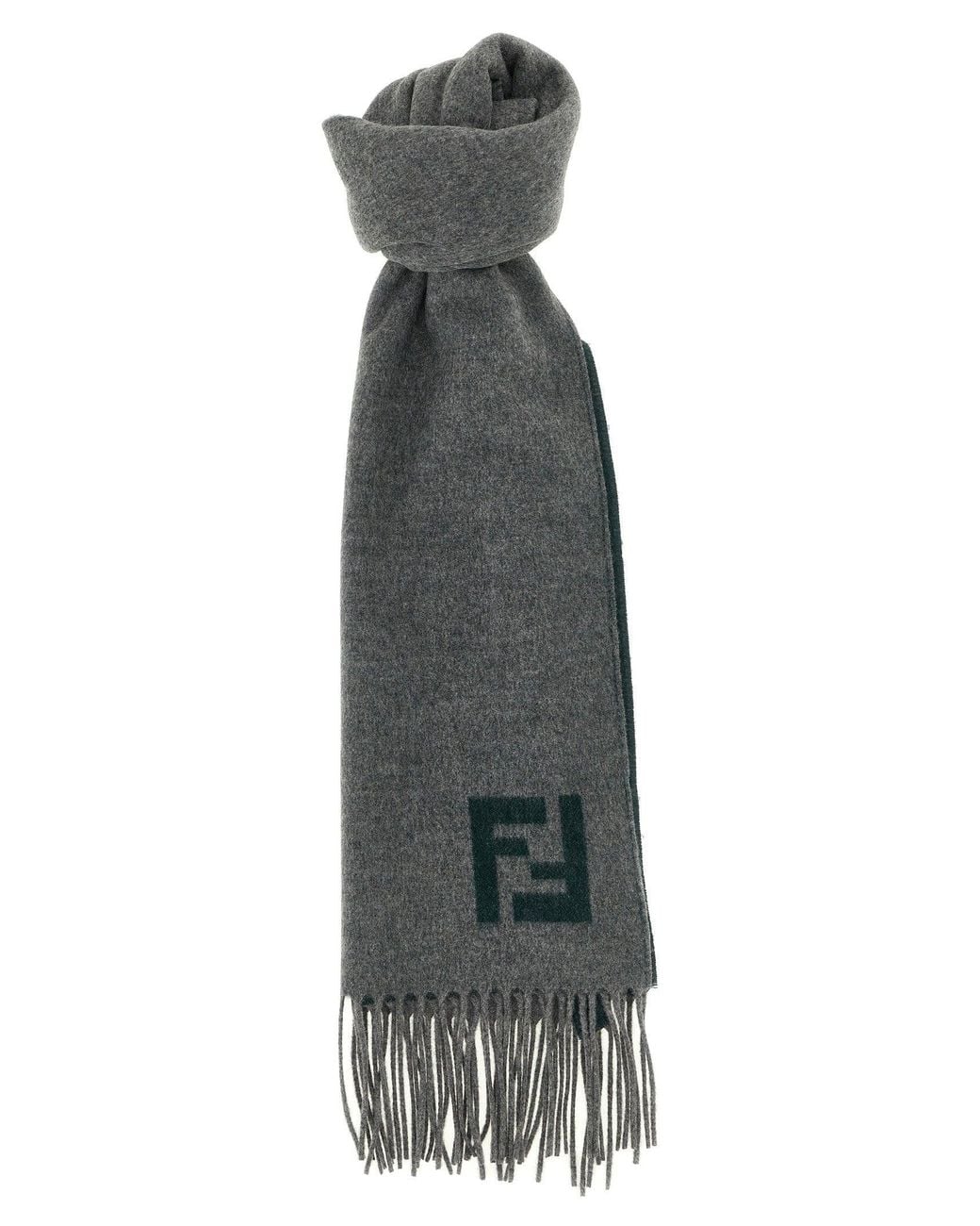 Fendi Gray Double-Sided Wool-Cashmere With Ff Intarsia Scarf