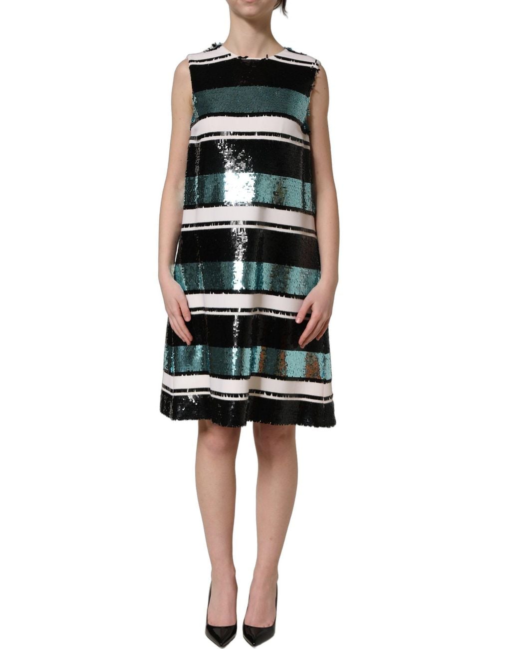 Dolce & Gabbana Black Sequined Sleeveless Shift Dress Virgin Wool Elastane