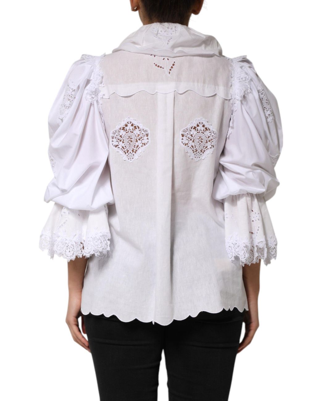 Dolce & Gabbana Gray White Ruffled Lace Embellished Blouse Top