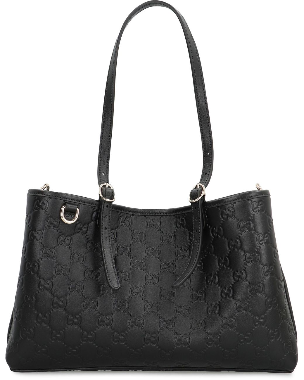 Gucci Black Tote Bag Gg Emblem Media Leather Calfskin