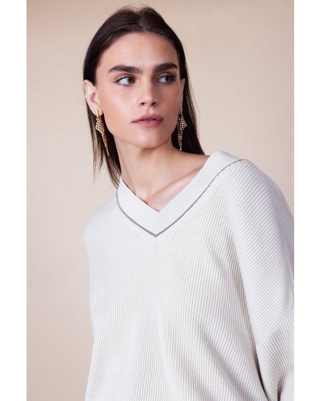 Brunello Cucinelli Natural Ribbed V Neck Sweater