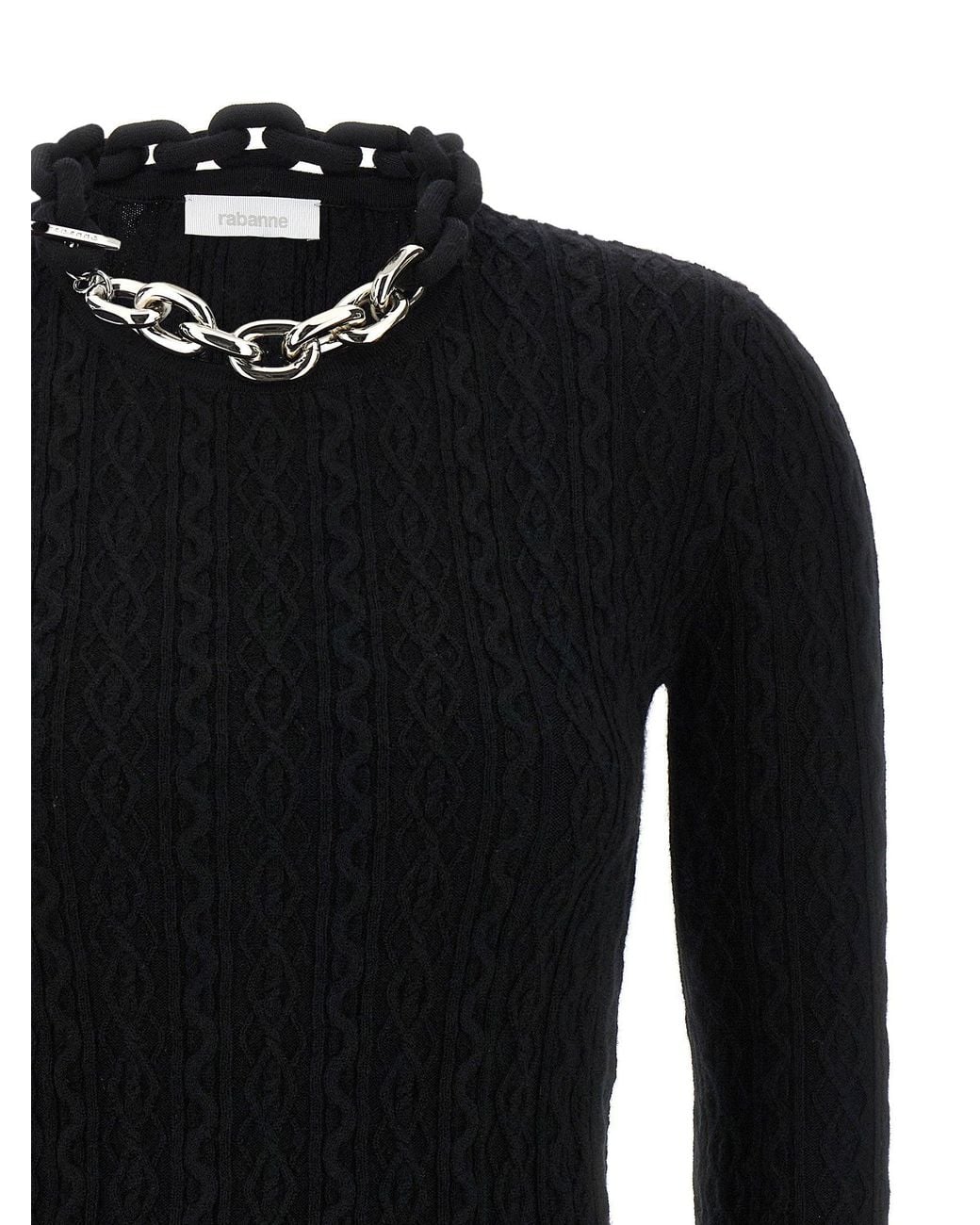 Rabanne Black Ribbed Wool-Cashmere With Chain Neckline Sweater