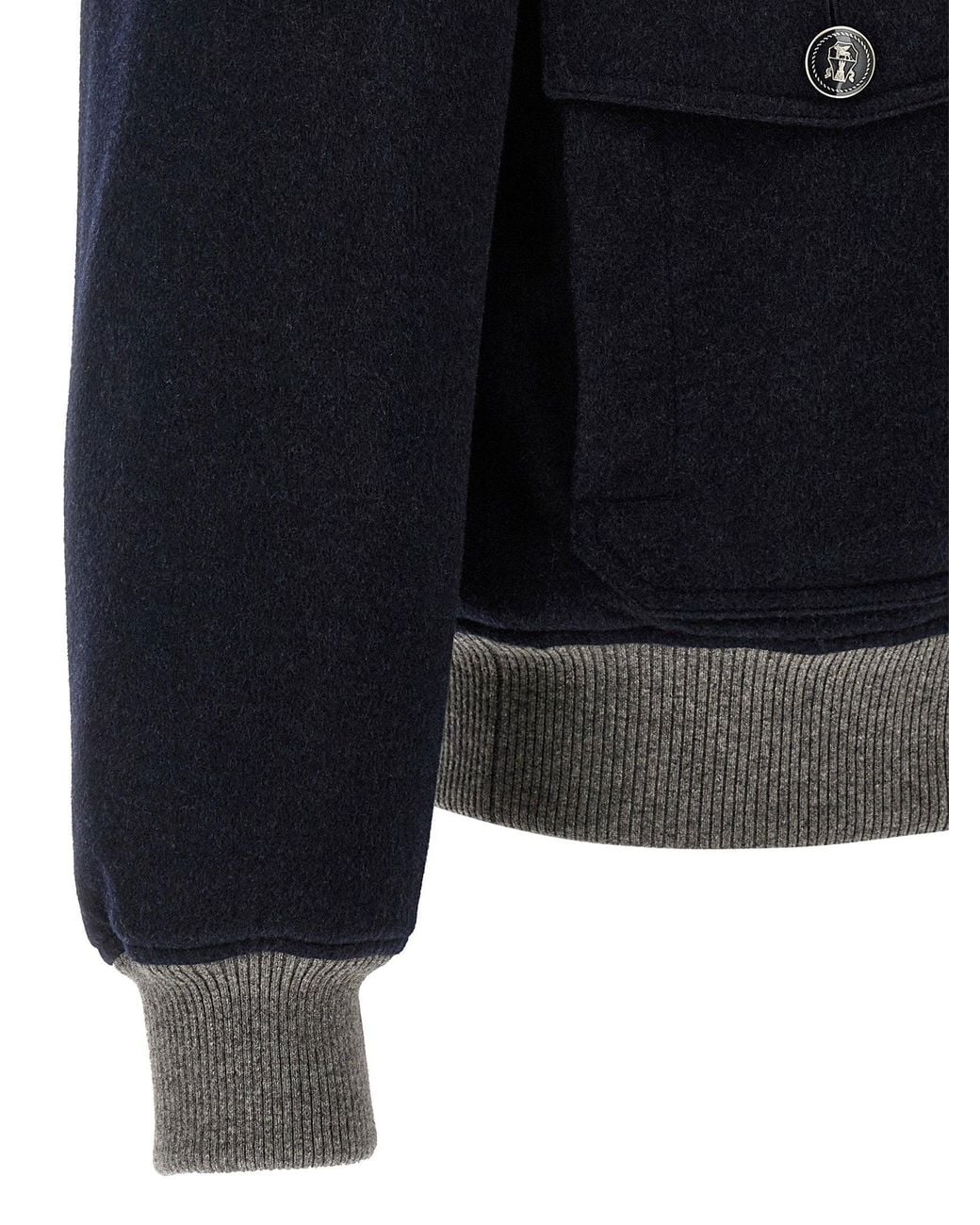 Brunello Cucinelli Blue Cashmere Bomber With Shearling Collar Jacket