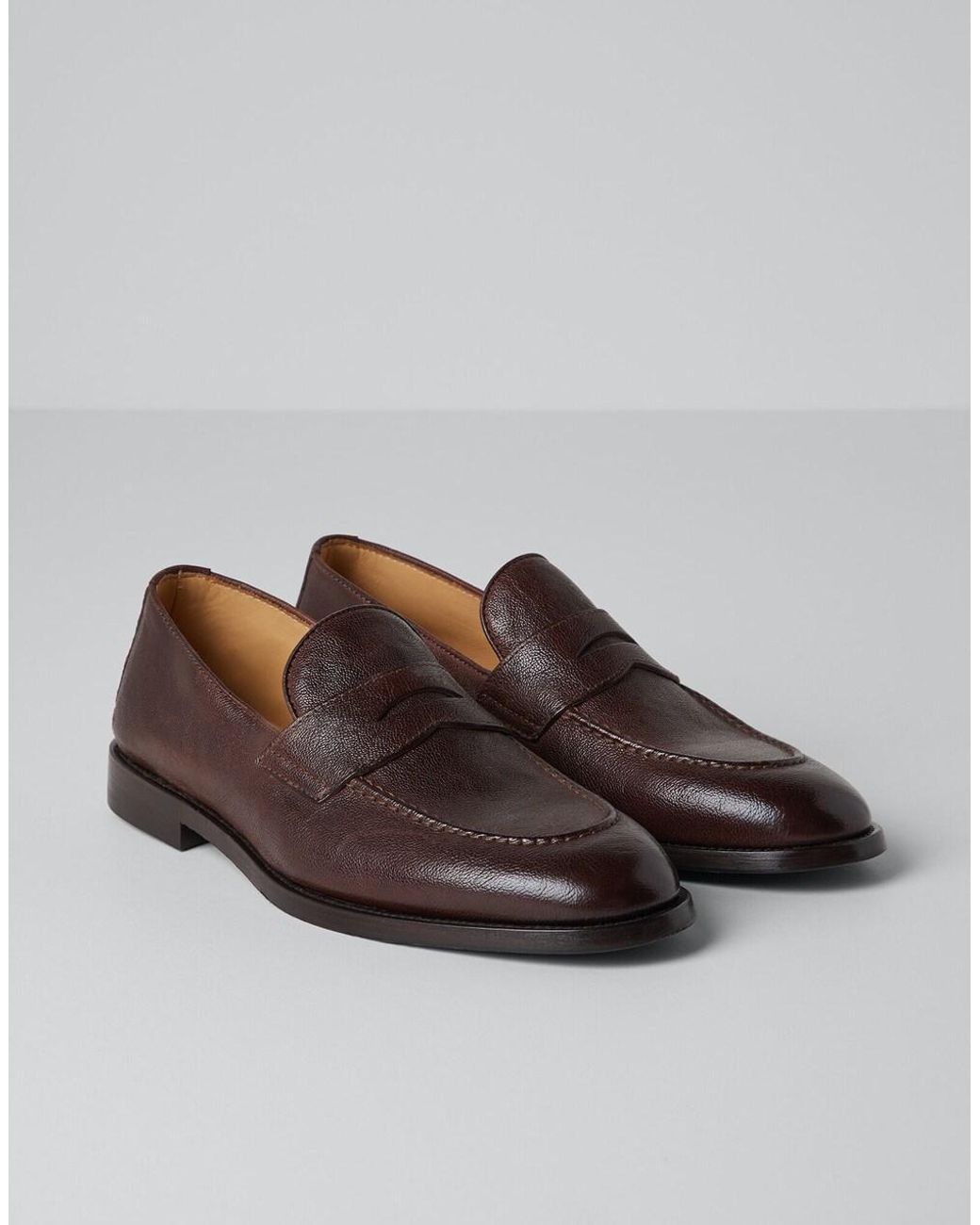 Brunello Cucinelli Brown Chestnut Leather Penny Loafer Shoe for men