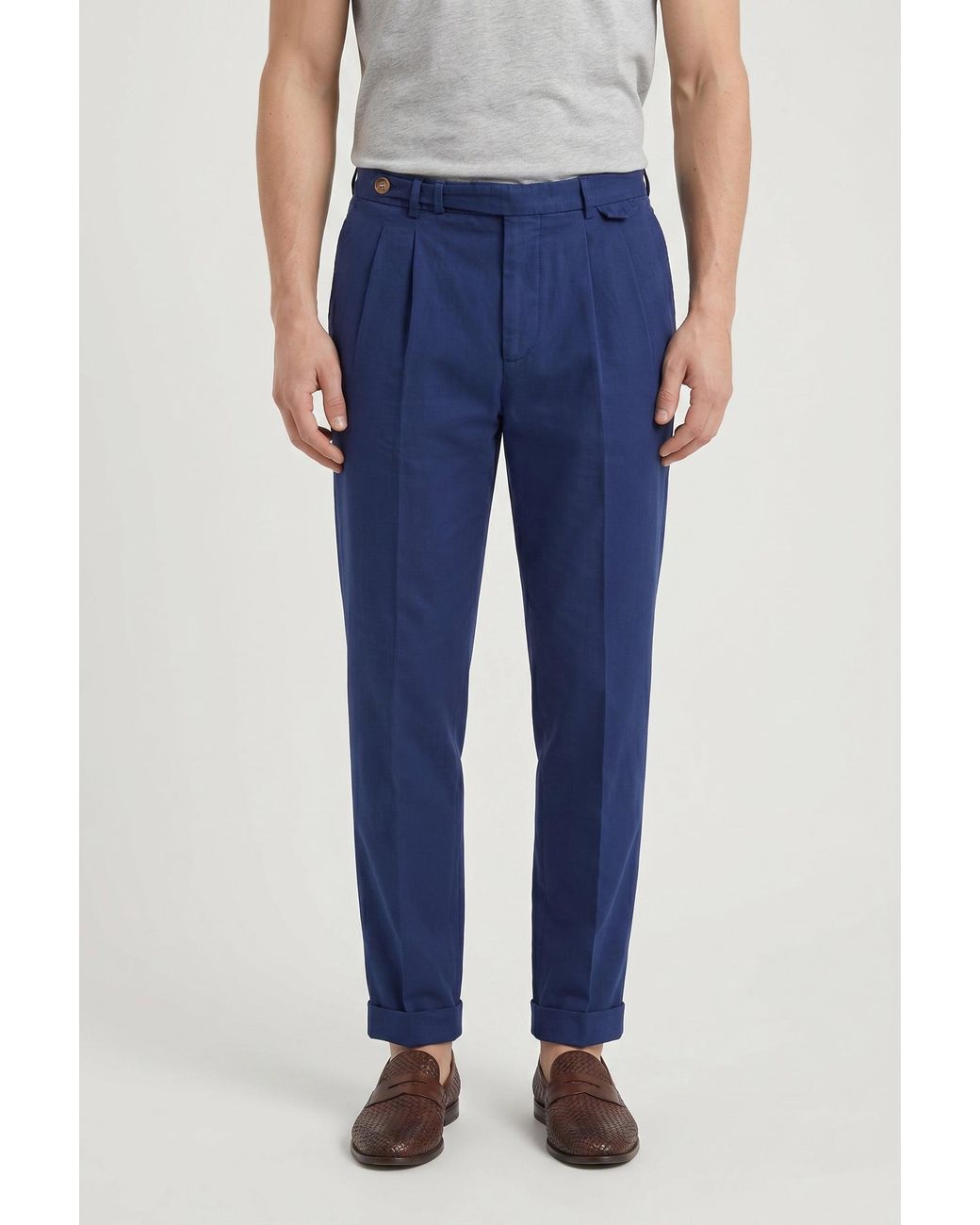 Brunello Cucinelli Blue Pleated Cotton Trousers for men