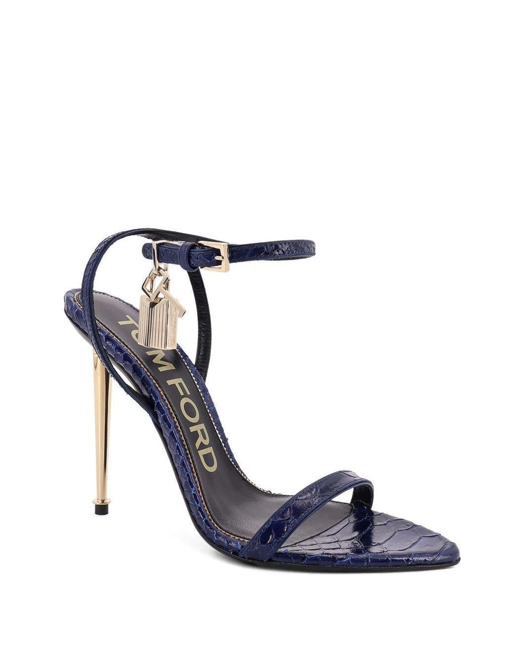 Tom Ford Blue Padlock Python-Embossed Calf Leather Sandals With Golden Metal Padlock And Spike Heel