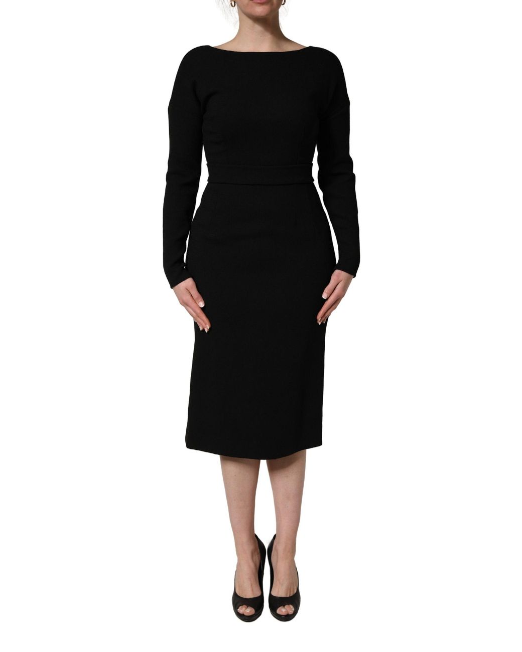 Dolce & Gabbana Black Wool Crepe Long Sleeves Midi Dress Virgin Nylon Elastane