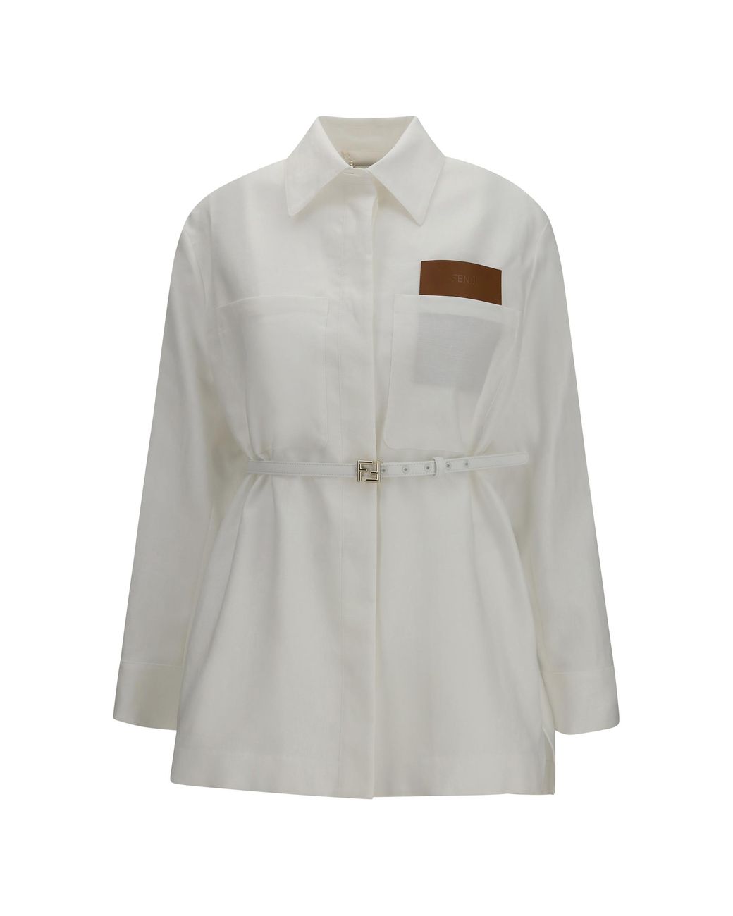 Fendi Gray Jacket Belted Linen-Cotton Shirt