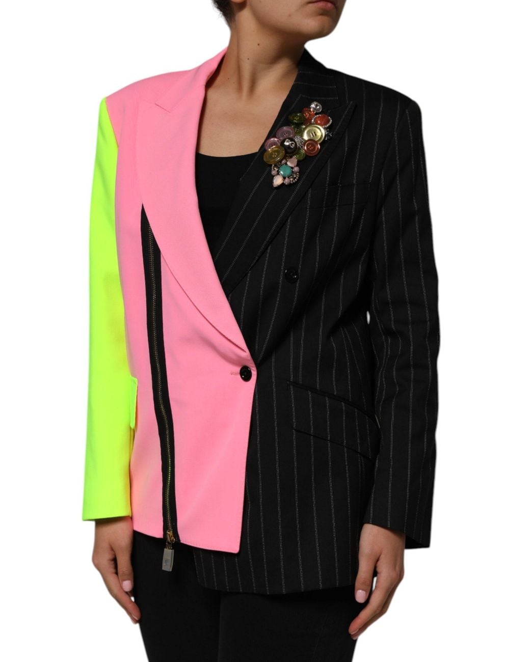 Dolce & Gabbana Pink Multicolor Patchwork Embellished Coat Jacket