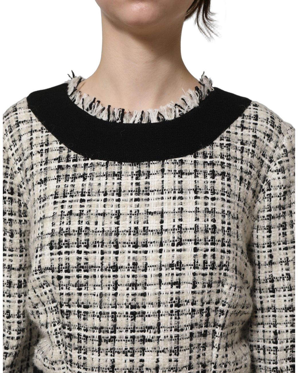 Dolce & Gabbana Gray Bouclé Tweed Frayed Trim Midi Dress
