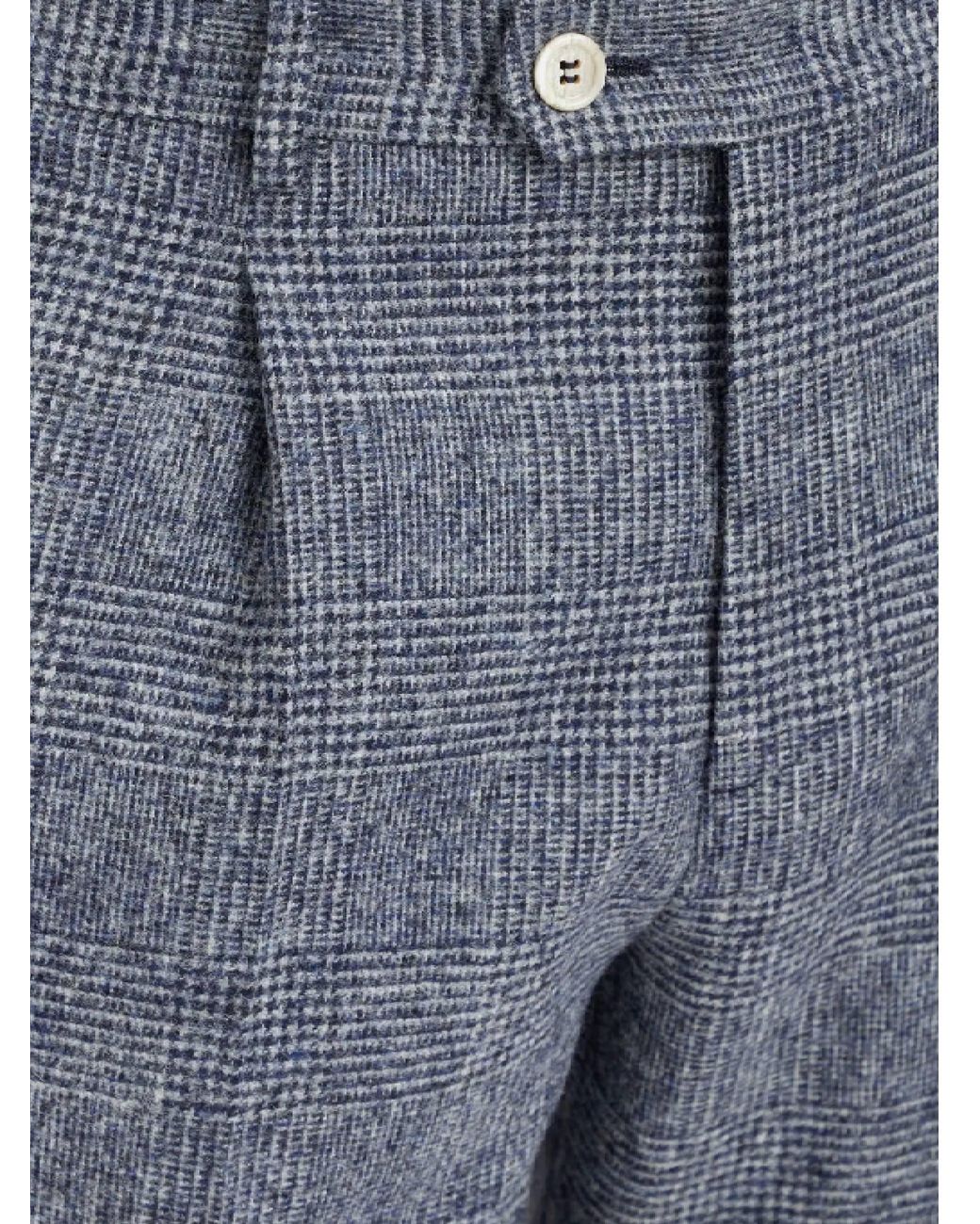Brunello Cucinelli Blue Prince Of Wales-Check Pleated Trousers for men