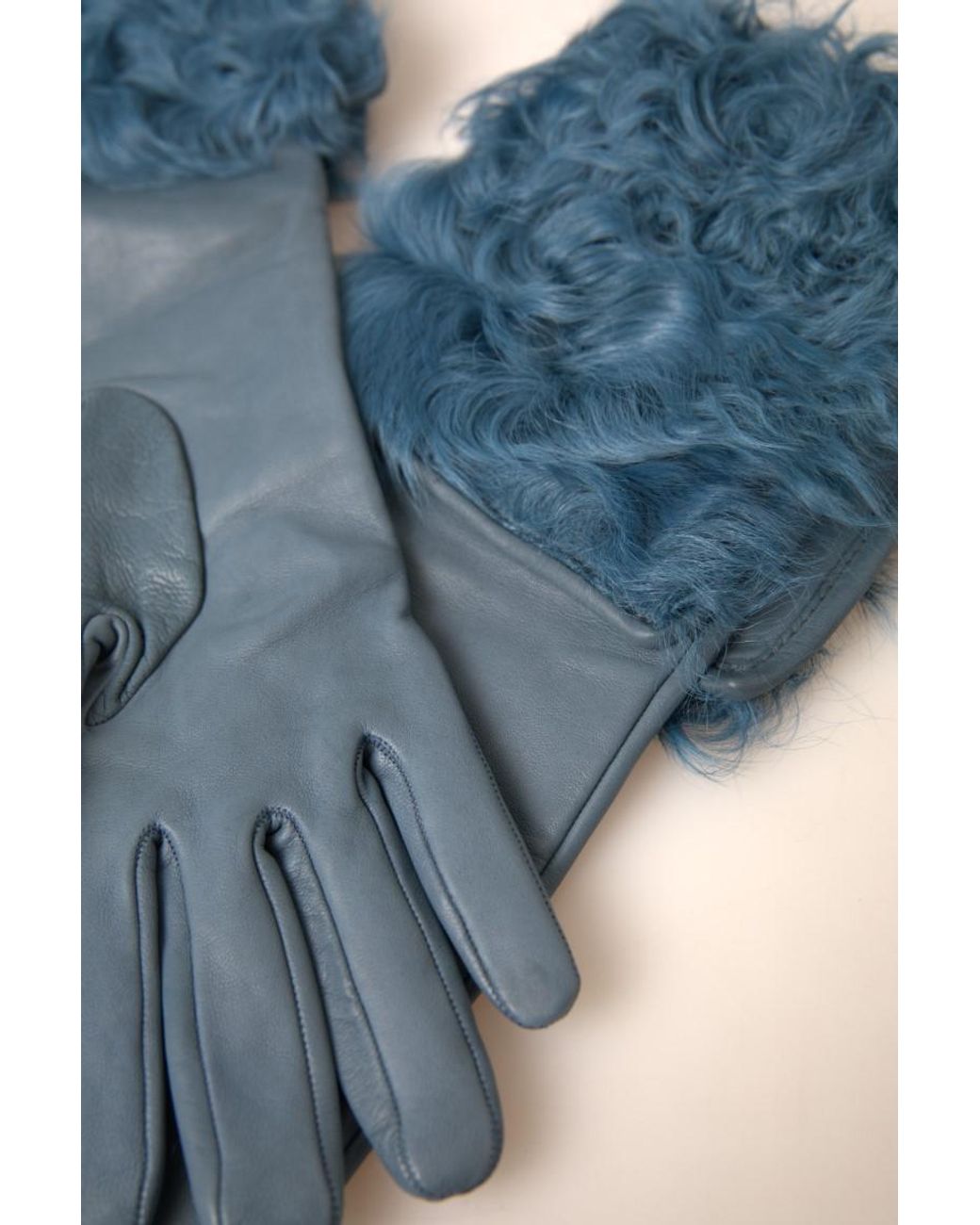 Dolce & Gabbana Blue Leather Fur Mid Arm Length Gloves