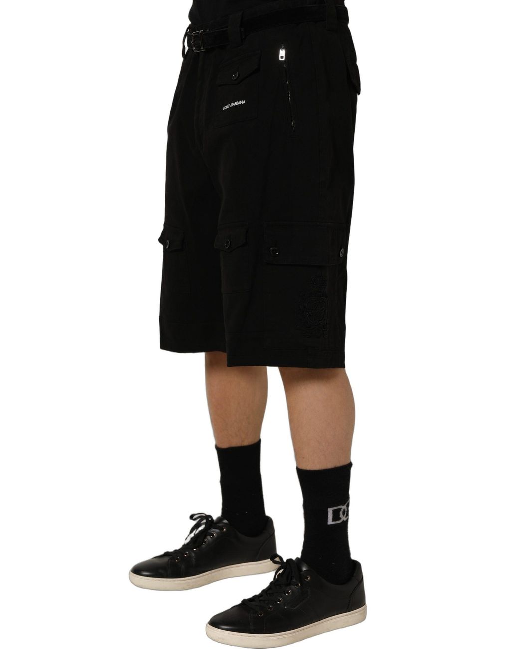Dolce & Gabbana Black Cotton Mid Waist Men Cargo Shorts for men
