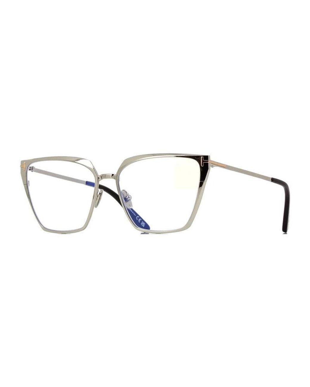 Tom Ford Metallic Eyeglasses Square Full Rim, Shiny Palladium Frame And Clear Light Block Lenses Lens Ft5945-B016