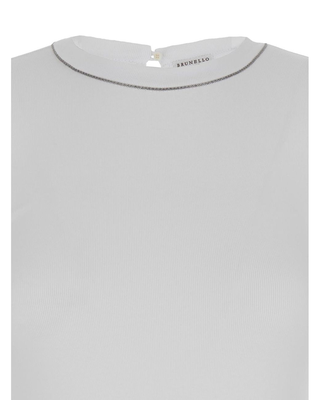 Brunello Cucinelli White Long Sleeve Round-Neck Cotton T-Shirt With Monile Trim