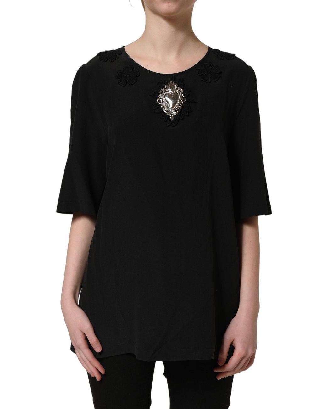 Dolce & Gabbana Black Floral Silk Heart Appliqué Blouse Top