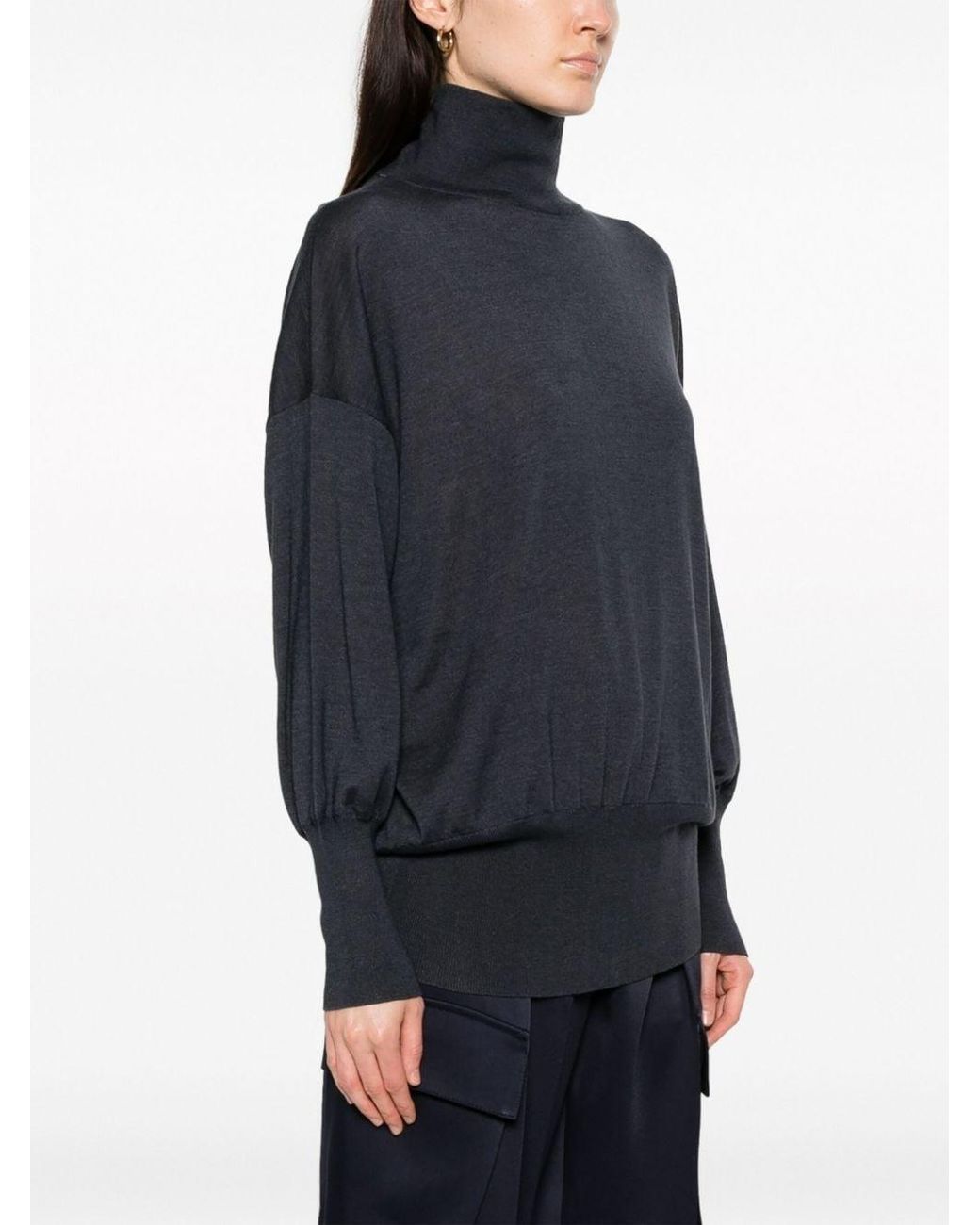 Brunello Cucinelli Blue Dark Wool Silk Mock Neck Shirt