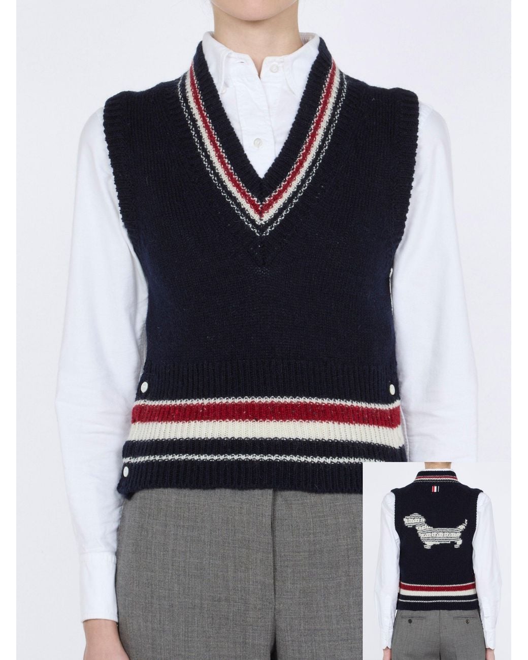 Thom Browne Blue Gilet Hector Pointelle Intarsia Col V En Donegal À Rayures Rwb Jacket